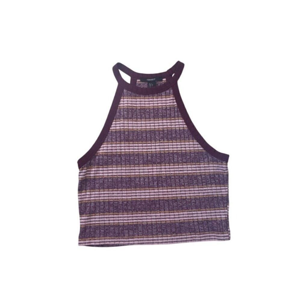 Forever 21 Womens Striped Ribbed Knit Halter Crop Top Size L Purple & White